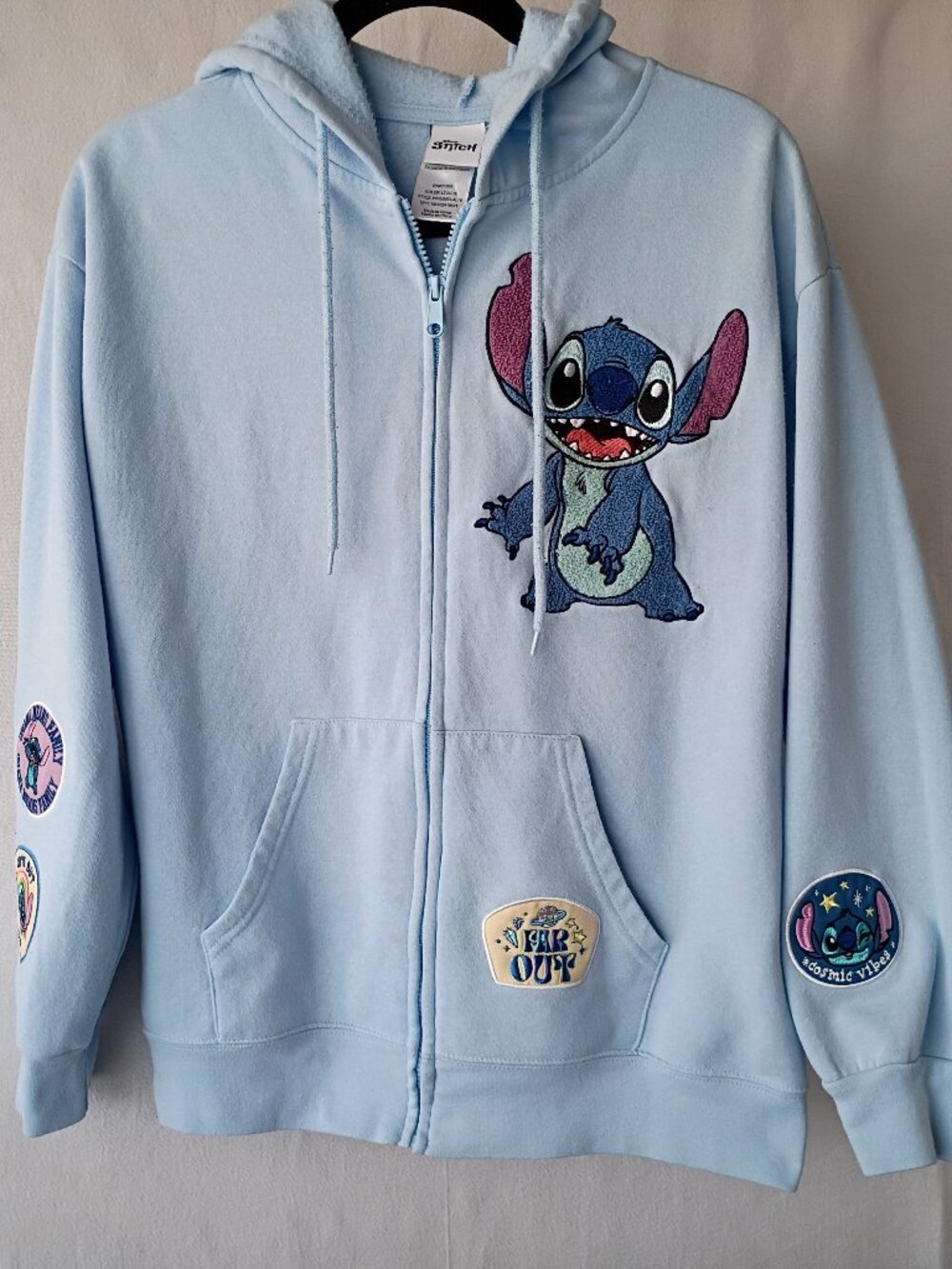 Disney Stitch Light Blue Zip Hoodie Embroidered Patch Women’s Large